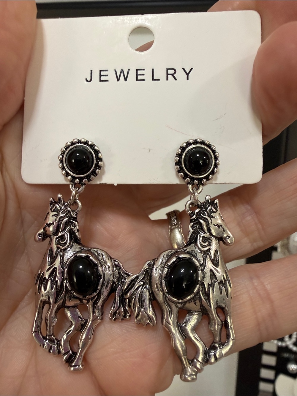 Silver Horse Dangle Earrings with Black Stones